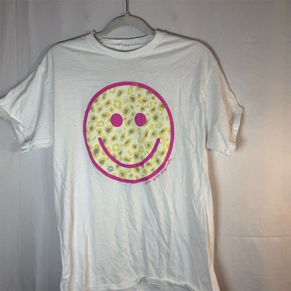 Girlie Girl Originals T-Shirt Womens M White Pink Smiley Leopard Graphic